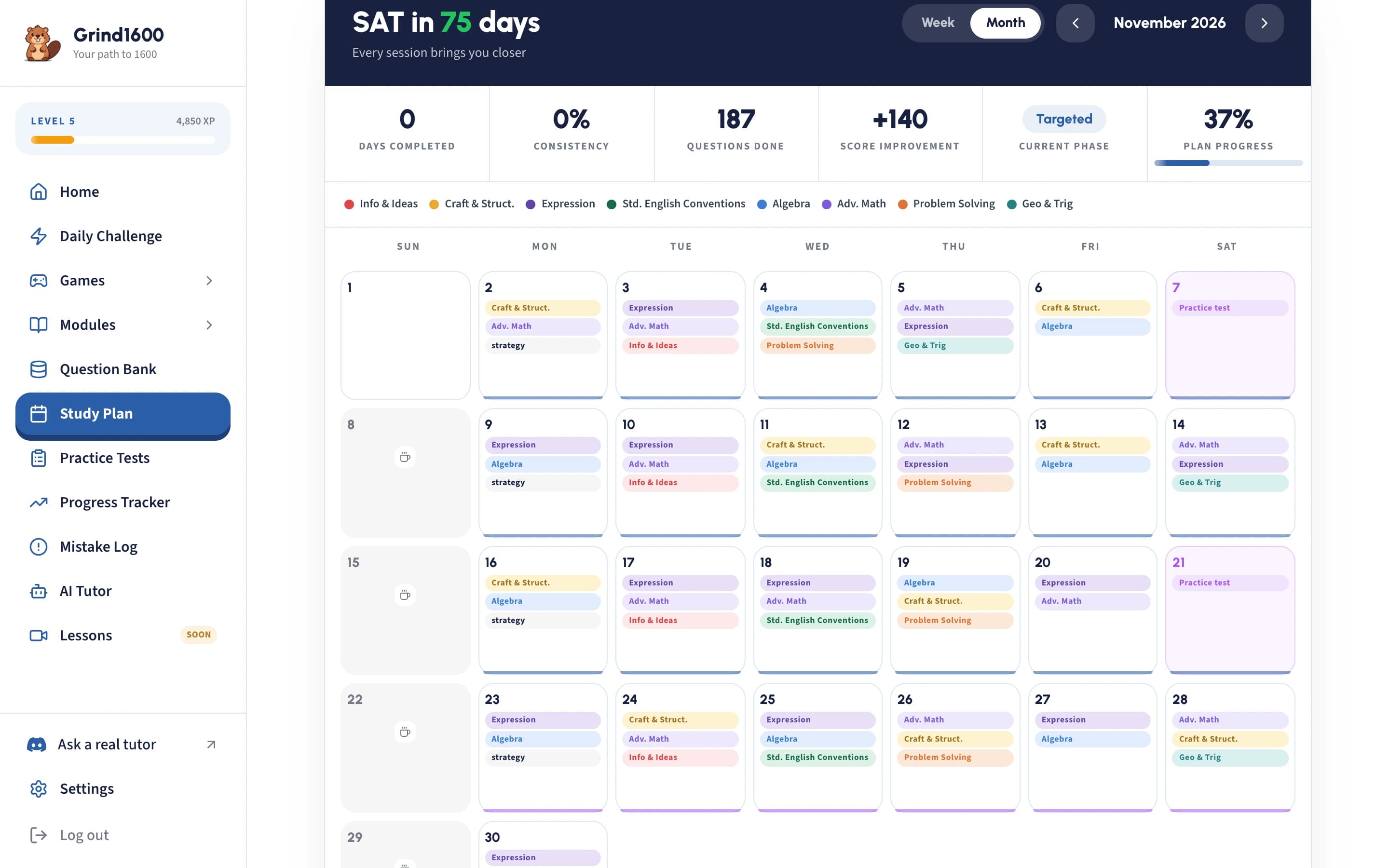 A Grind1600 study plan with today's sessions