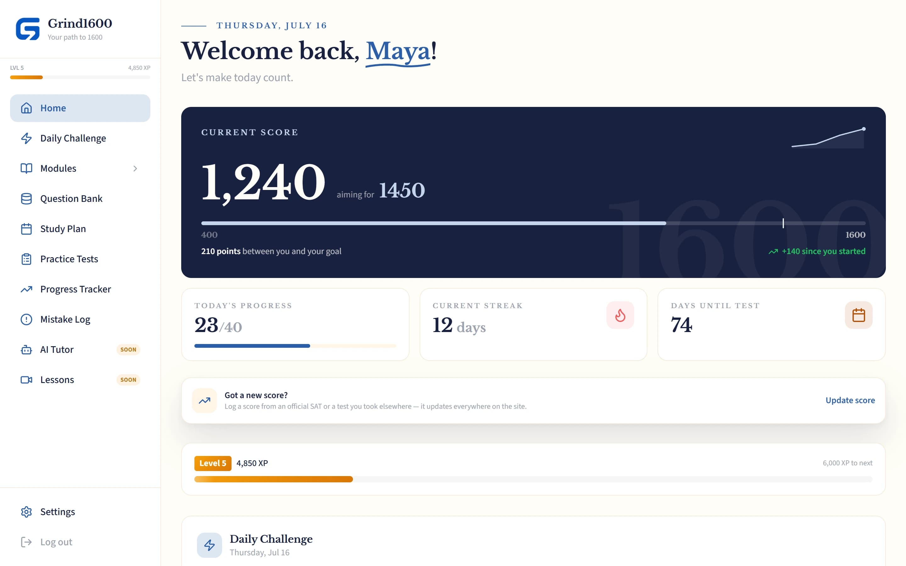 Grind1600 home dashboard showing a 1,240 score progressing toward a 1450 goal, a 12-day streak, and today's question progress